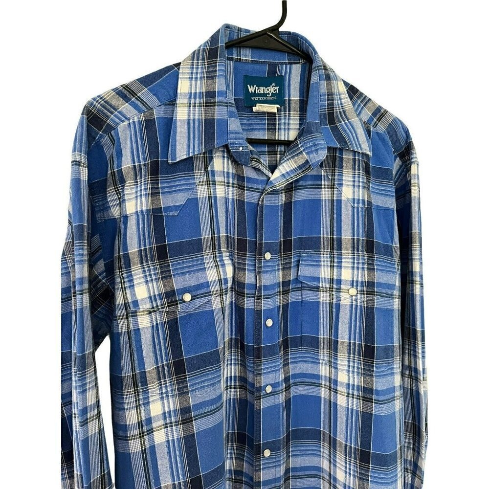 Wrangler Western Shirts Men's Sz L Blue White Plaid Pearl Snap Long Sleeve Shirt - Picture 2 of 9